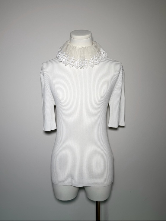Chloe Tops - Chloe White Ribbed Short-Sleeve Top with Lace Ruffle Neck
